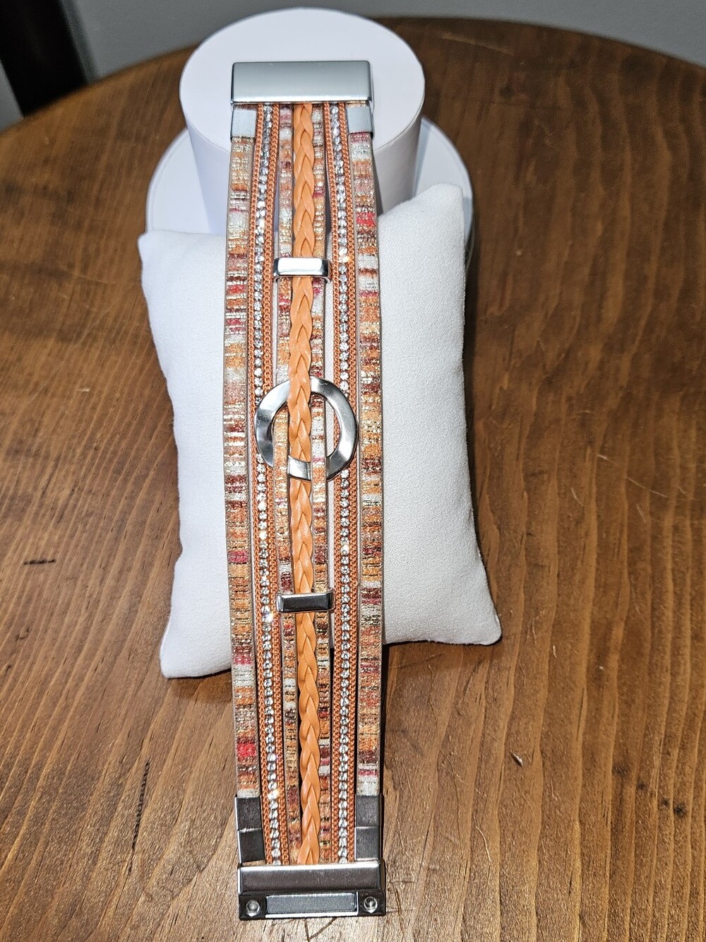 ●Ryze●•Wrap Bracelet•Braided Orange Stripe Vegan Leather Magnetic Clasp 7.5"